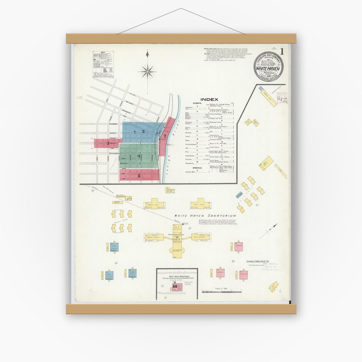 Old map wall art mockup — magnetic wood frame on white wall — Sanborn Fire Insurance Map from White Haven, Luzerne County, Pennsylvania (1908) - Complete Map Set