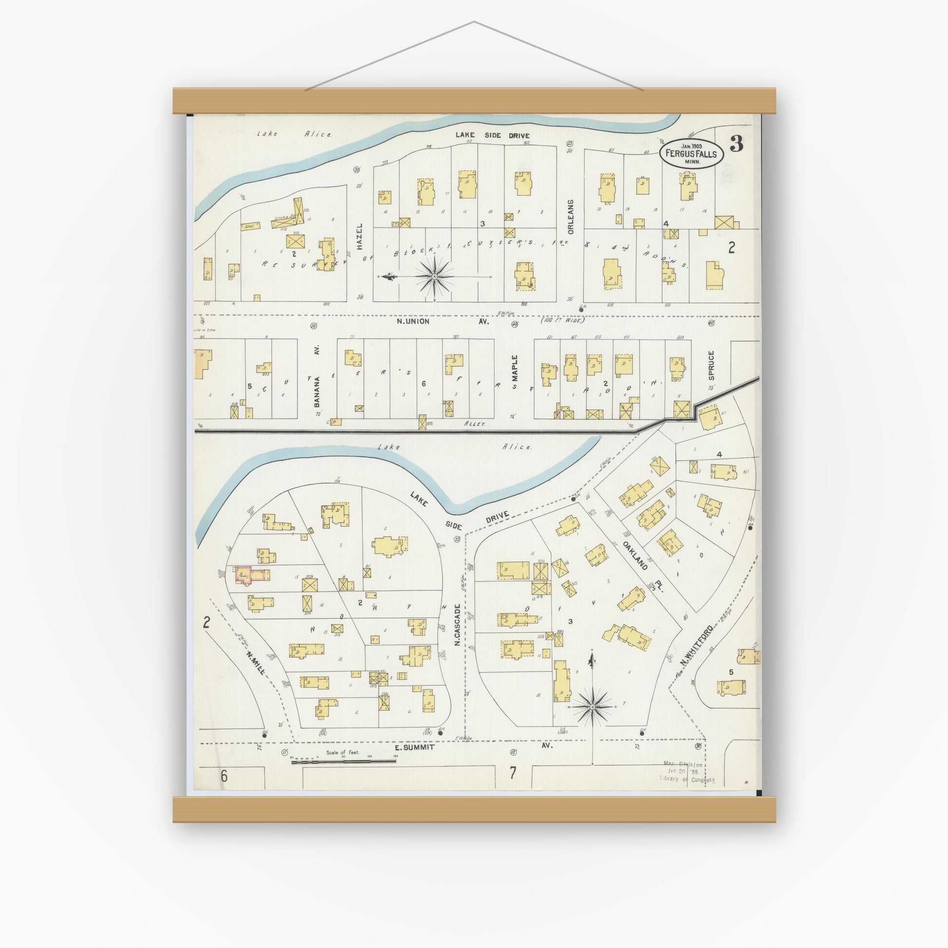 Old map wall art mockup — magnetic wood frame on white wall — Sanborn Fire Insurance Map from Fergus Falls, Otter Tail County, Minnesota (1903), Sheet #0003