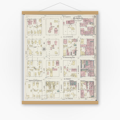 Old map wall art mockup — magnetic wood frame on white wall — Sanborn Fire Insurance Map from Bloomington, McLean County, Illinois (1886), Sheet #0005