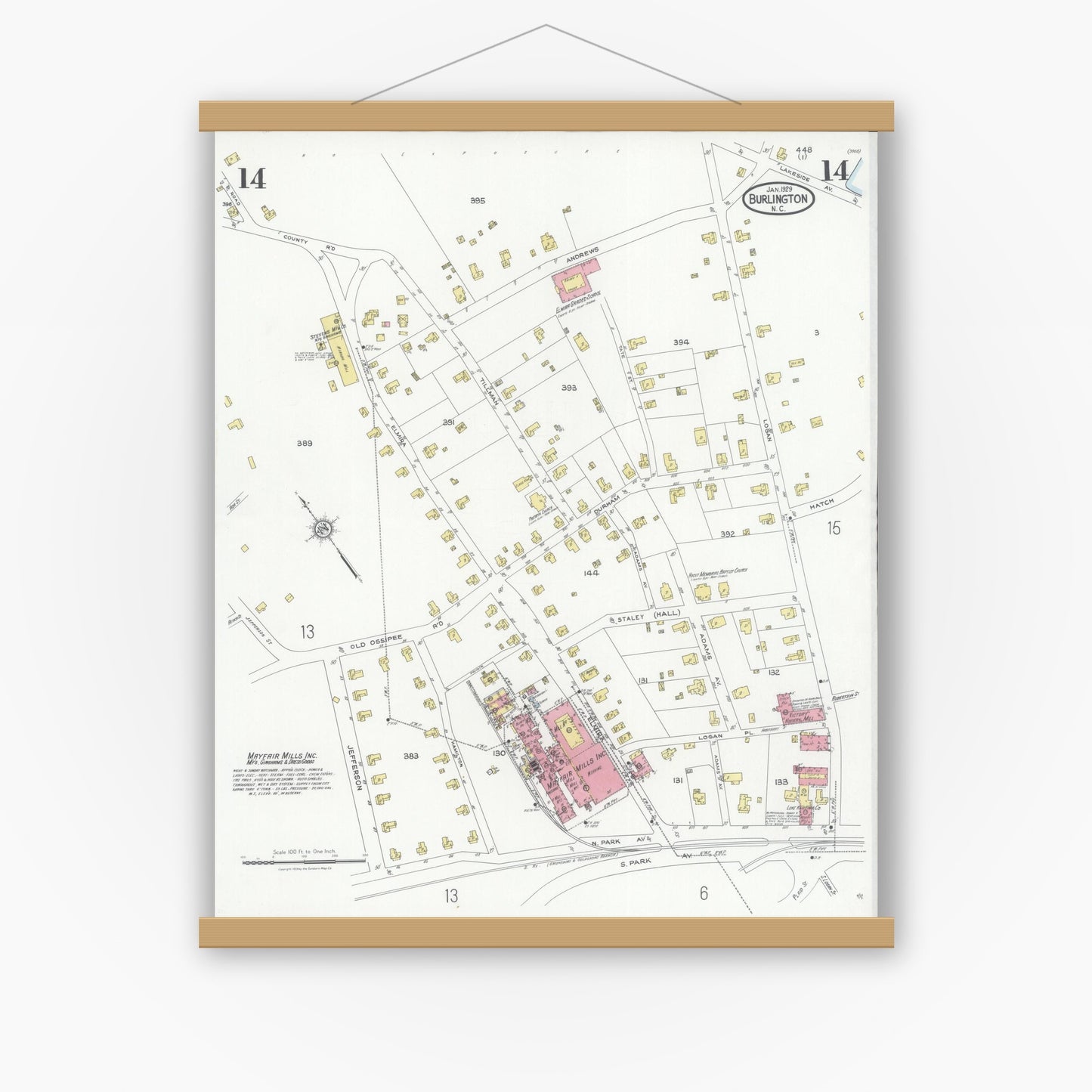 Old map wall art mockup — magnetic wood frame on white wall — Sanborn Fire Insurance Map from Burlington, Alamance County, North Carolina (1929), Sheet #0014