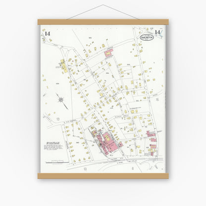 Old map wall art mockup — magnetic wood frame on white wall — Sanborn Fire Insurance Map from Burlington, Alamance County, North Carolina (1929), Sheet #0014