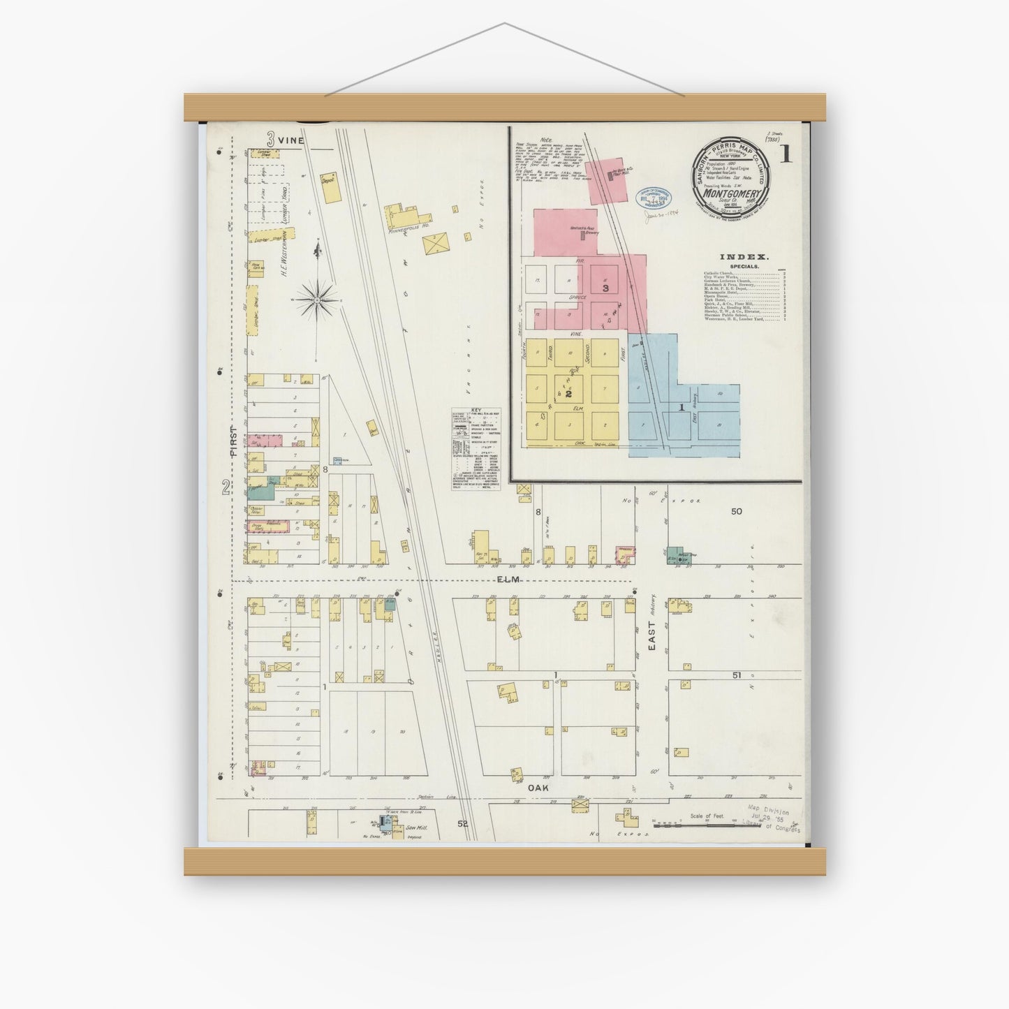 Old map wall art mockup — magnetic wood frame on white wall — Sanborn Fire Insurance Map from Montgomery, Le Sueur  County, Minnesota (1894), Sheet #0001