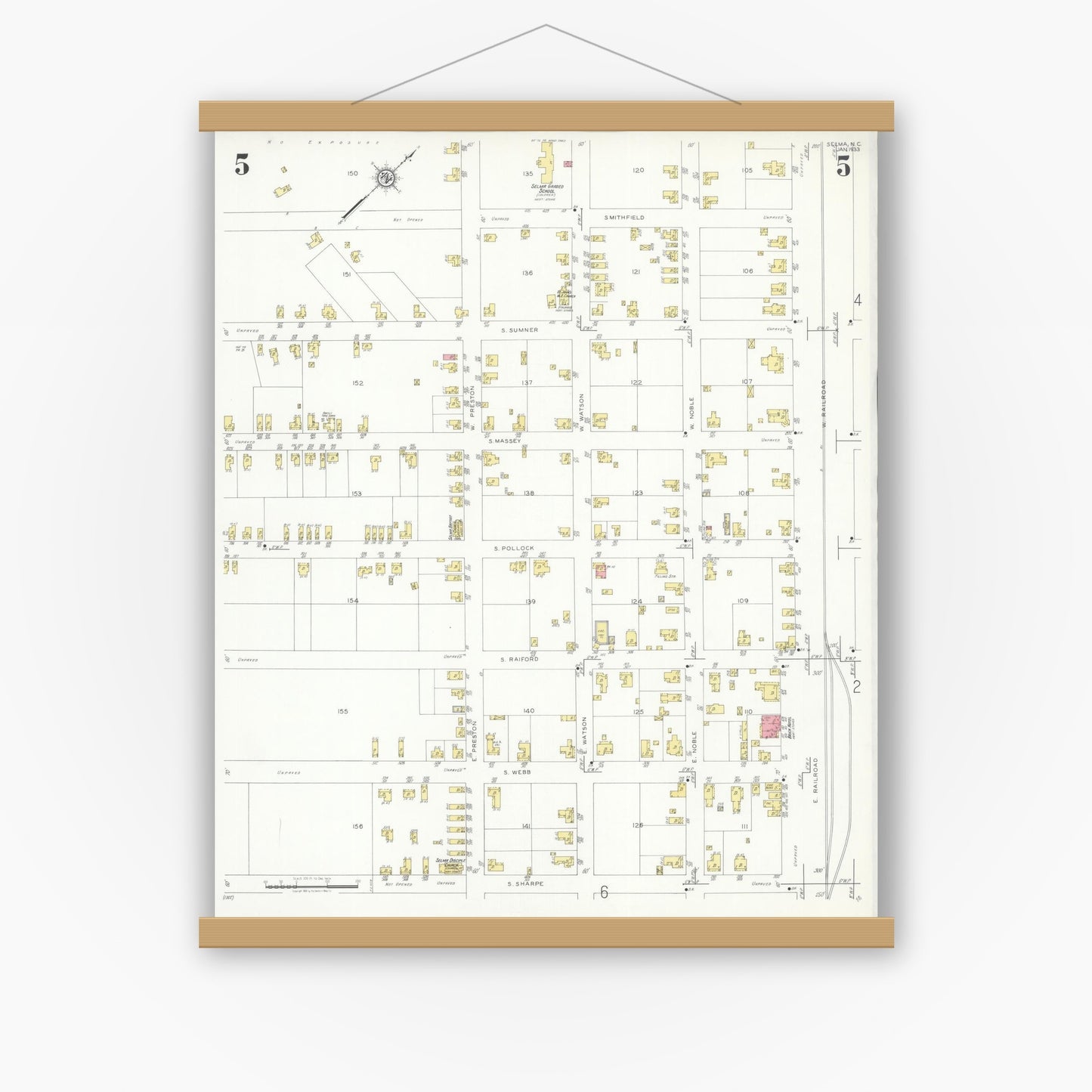 Old map wall art mockup — magnetic wood frame on white wall — Sanborn Fire Insurance Map from Selma, Johnston County, North Carolina (1933), Sheet #0005