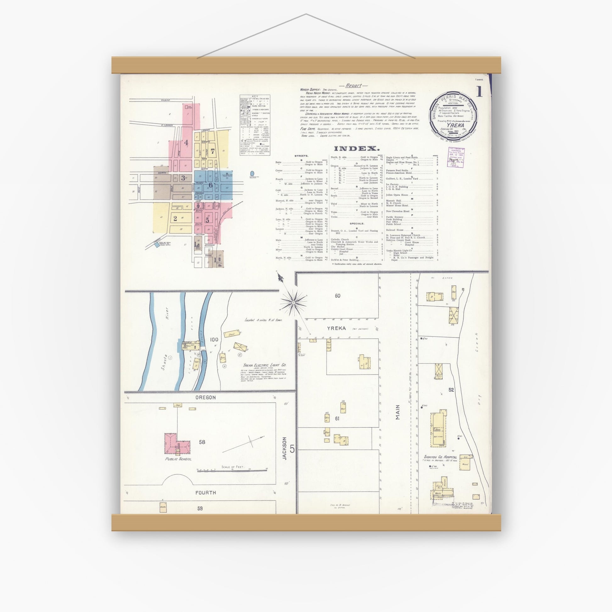 Old map wall art mockup — magnetic wood frame on white wall — Sanborn Fire Insurance Map from Yreka, Siskiyou County, California (1901) - Complete Map Set