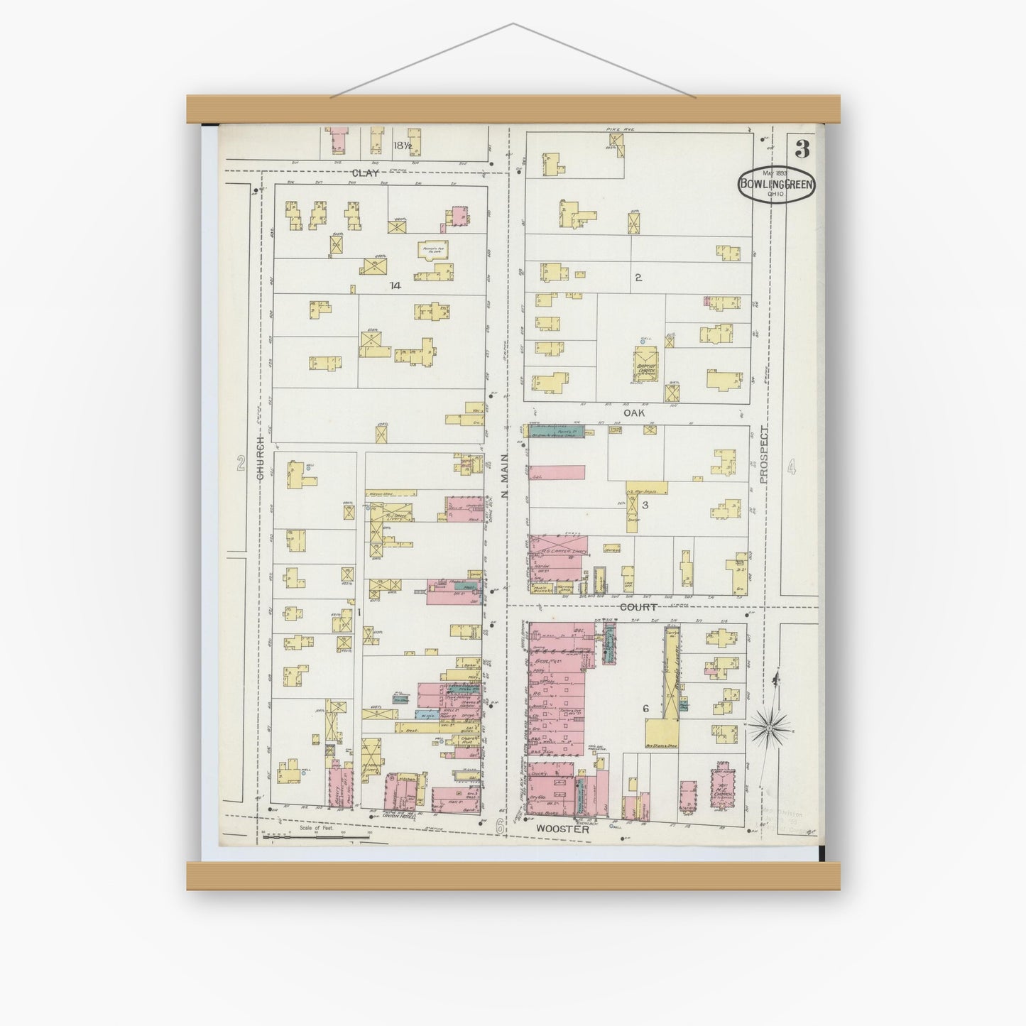 Old map wall art mockup — magnetic wood frame on white wall — Sanborn Fire Insurance Map from Bowling Green, Wood County, Ohio (1893), Sheet #0003