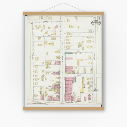 Old map wall art mockup — magnetic wood frame on white wall — Sanborn Fire Insurance Map from Bowling Green, Wood County, Ohio (1893), Sheet #0003