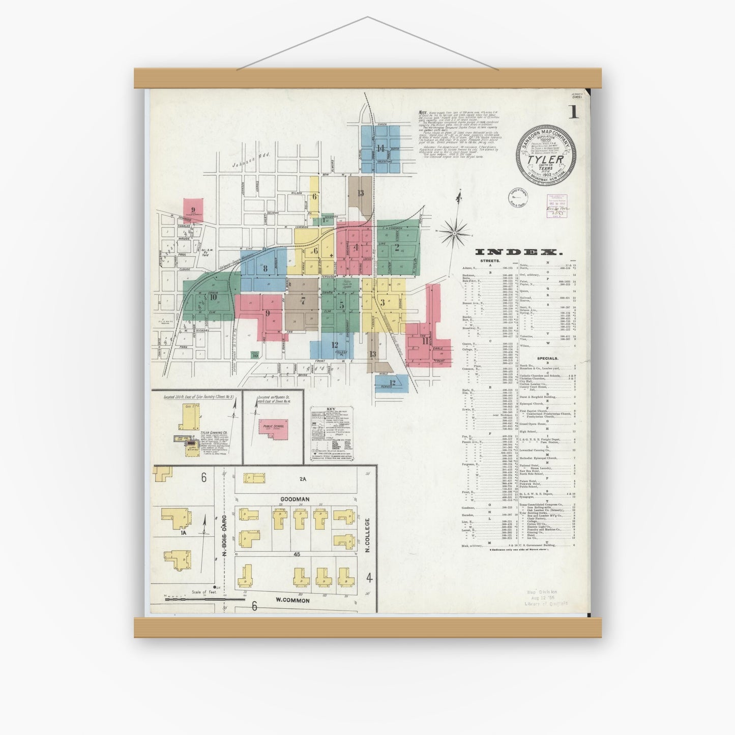 Old map wall art mockup — magnetic wood frame on white wall — Sanborn Fire Insurance Map from Tyler, Smith County, Texas (1902), Sheet #0001