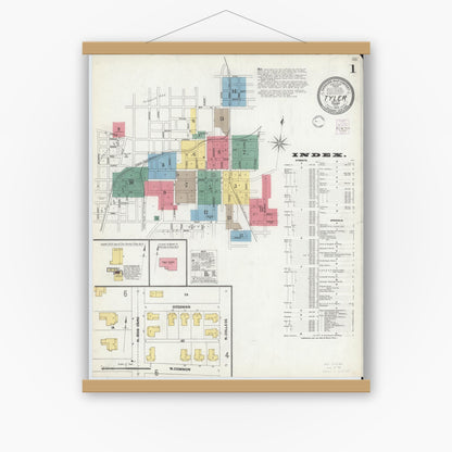 Old map wall art mockup — magnetic wood frame on white wall — Sanborn Fire Insurance Map from Tyler, Smith County, Texas (1902), Sheet #0001