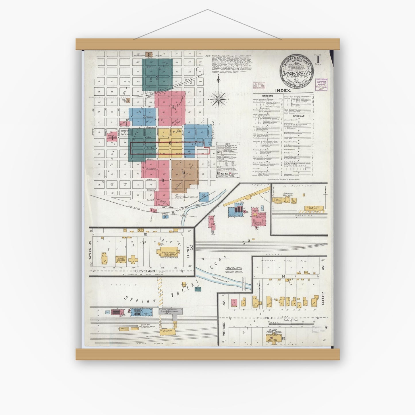 Old map wall art mockup — magnetic wood frame on white wall — Sanborn Fire Insurance Map from Spring Valley, Bureau County, Illinois (1906) - Complete Map Set
