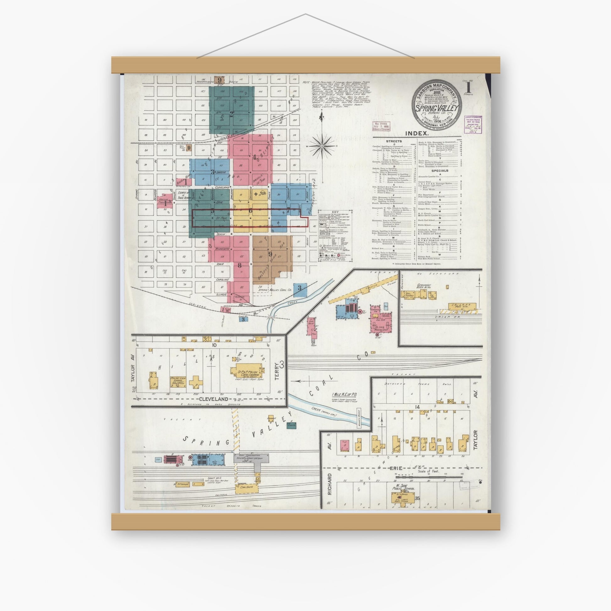 Old map wall art mockup — magnetic wood frame on white wall — Sanborn Fire Insurance Map from Spring Valley, Bureau County, Illinois (1906) - Complete Map Set