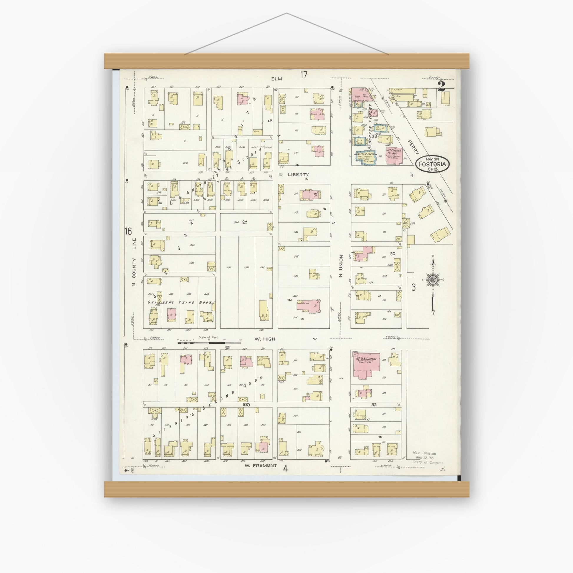 Old map wall art mockup — magnetic wood frame on white wall — Sanborn Fire Insurance Map from Fostoria, Seneca, Hancock, And Wood Counties, Ohio (1914), Sheet #0002