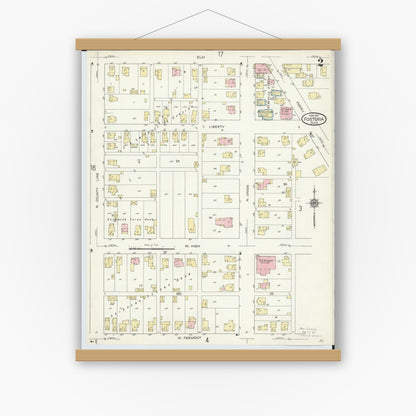 Old map wall art mockup — magnetic wood frame on white wall — Sanborn Fire Insurance Map from Fostoria, Seneca, Hancock, And Wood Counties, Ohio (1914), Sheet #0002