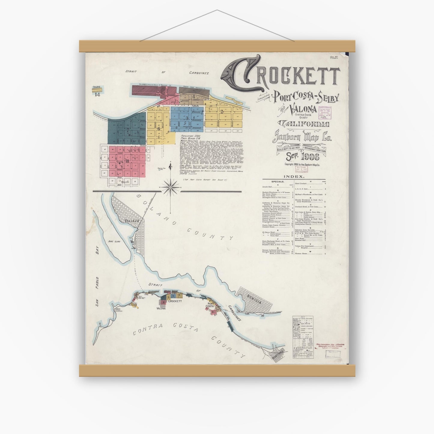 Old map wall art mockup — magnetic wood frame on white wall — Sanborn Fire Insurance Map from Crockett, Contra Costa County, California (1906), Sheet #0001