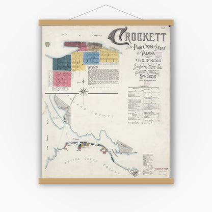 Old map wall art mockup — magnetic wood frame on white wall — Sanborn Fire Insurance Map from Crockett, Contra Costa County, California (1906), Sheet #0001