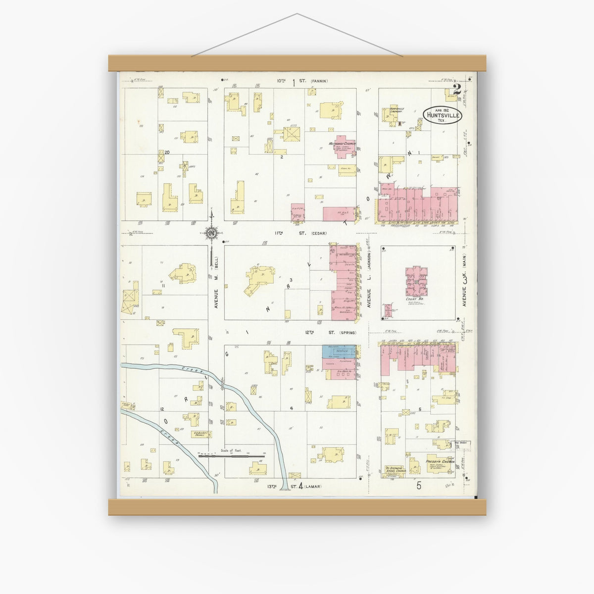 Old map wall art mockup — magnetic wood frame on white wall — Sanborn Fire Insurance Map from Huntsville, Walker County, Texas (1912), Sheet #0002