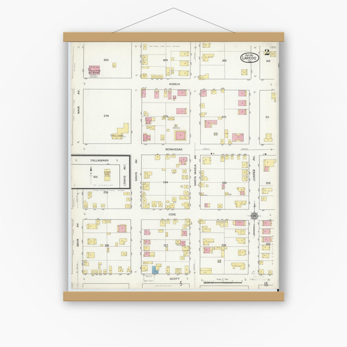Old map wall art mockup — magnetic wood frame on white wall — Sanborn Fire Insurance Map from Laredo, Webb County, Texas (1916), Sheet #0002