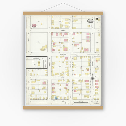 Old map wall art mockup — magnetic wood frame on white wall — Sanborn Fire Insurance Map from Laredo, Webb County, Texas (1916), Sheet #0002
