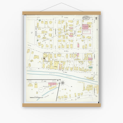 Old map wall art mockup — magnetic wood frame on white wall — Sanborn Fire Insurance Map from Massillon, Stark County, Ohio (1908), Sheet #0002