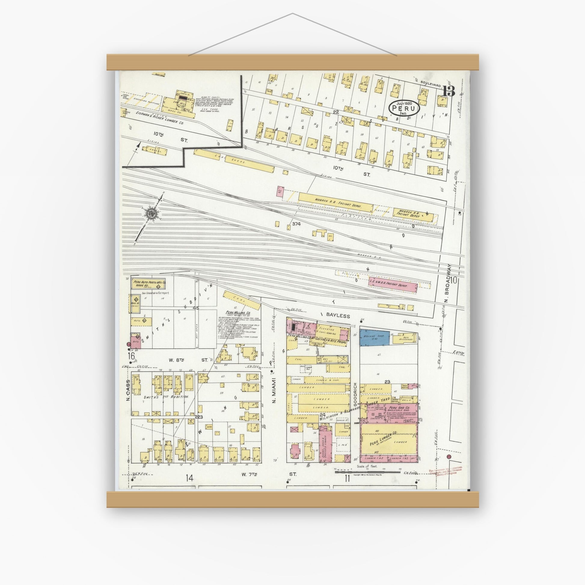 Old map wall art mockup — magnetic wood frame on white wall — Sanborn Fire Insurance Map from Peru, Miami County, Indiana (1920), Sheet #0013