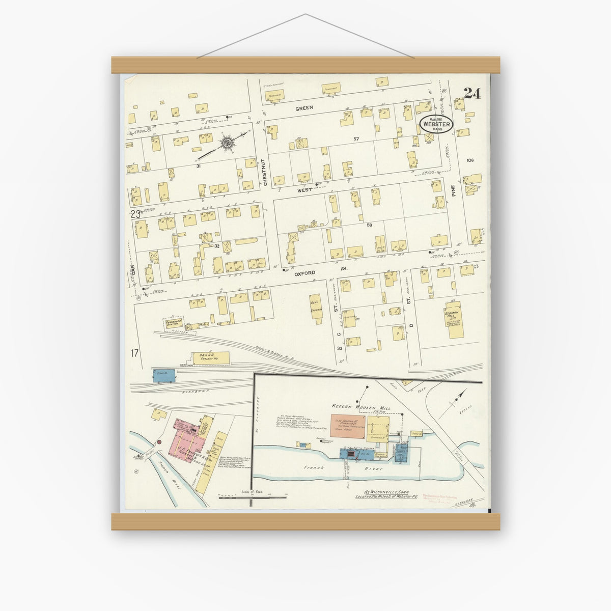 Old map wall art mockup — magnetic wood frame on white wall — Sanborn Fire Insurance Map from Webster, Worcester County, Massachusetts (1911), Sheet #0024