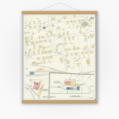 Old map wall art mockup — magnetic wood frame on white wall — Sanborn Fire Insurance Map from Webster, Worcester County, Massachusetts (1911), Sheet #0024
