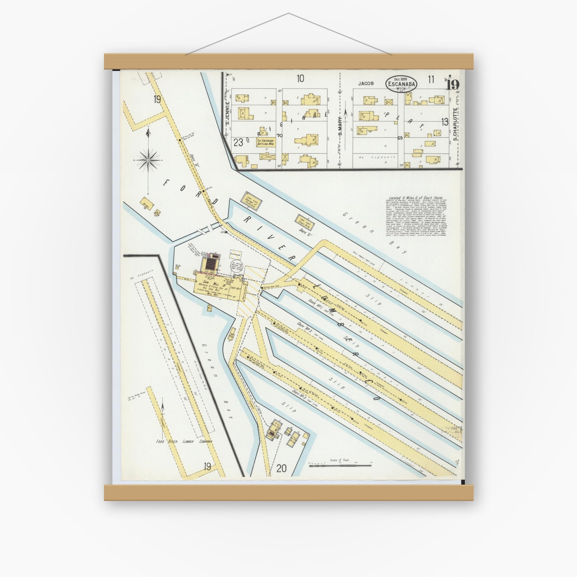 Old map wall art mockup — magnetic wood frame on white wall — Sanborn Fire Insurance Map from Escanaba, Delta County, Michigan (1899), Sheet #0019
