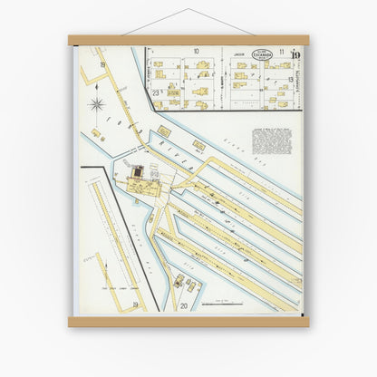 Old map wall art mockup — magnetic wood frame on white wall — Sanborn Fire Insurance Map from Escanaba, Delta County, Michigan (1899), Sheet #0019