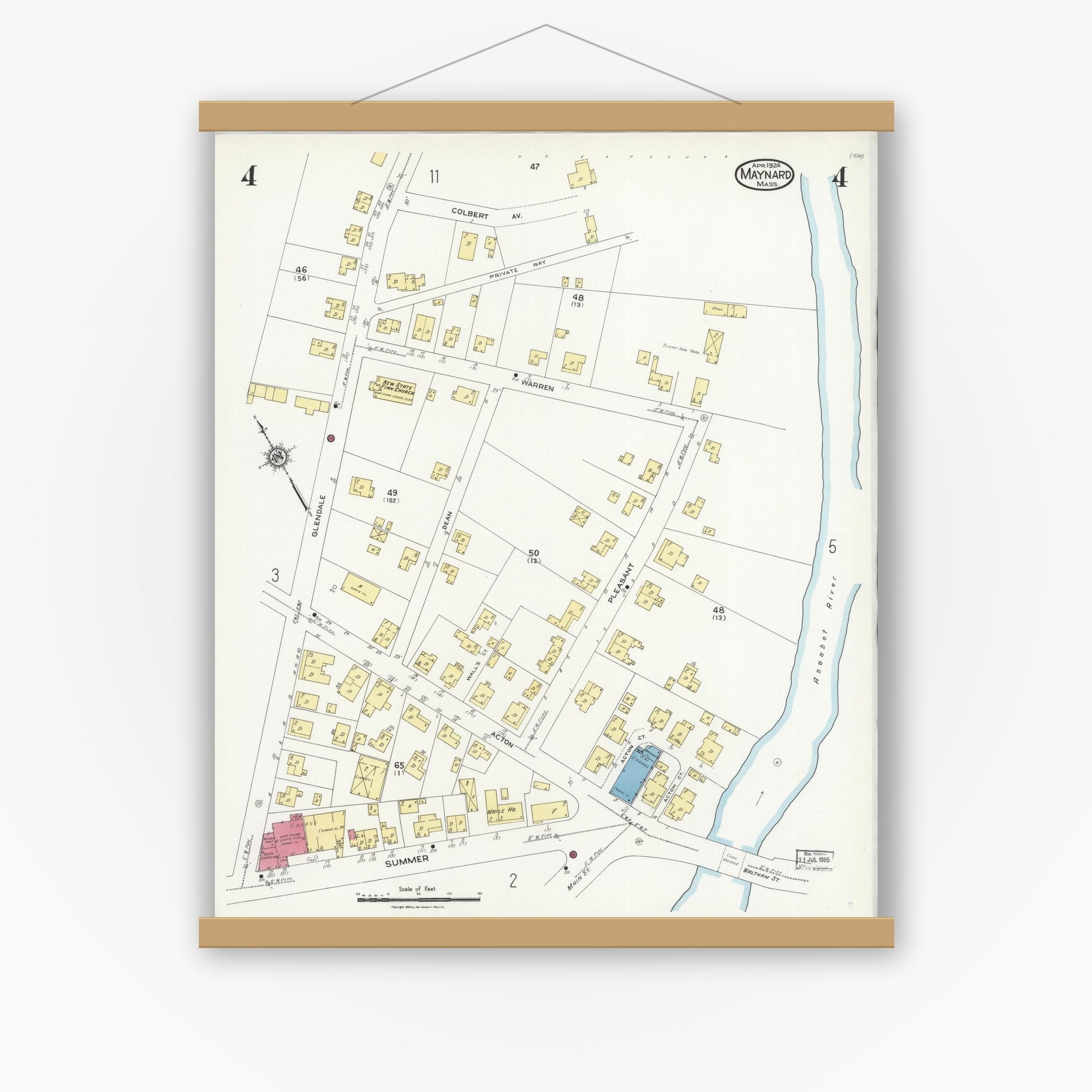 Old map wall art mockup — magnetic wood frame on white wall — Sanborn Fire Insurance Map from Maynard, Middlesex County, Massachusetts (1924), Sheet #0004