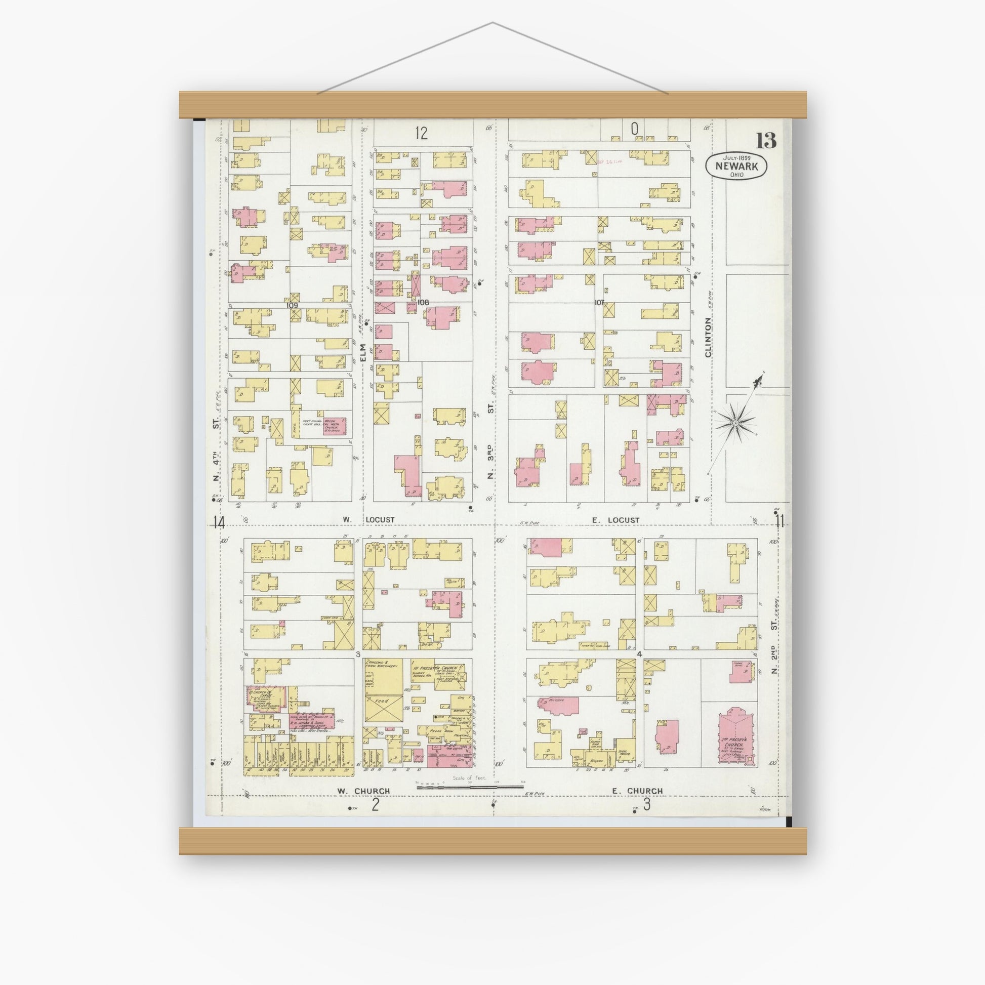 Old map wall art mockup — magnetic wood frame on white wall — Sanborn Fire Insurance Map from Newark, Licking County, Ohio (1899), Sheet #0013