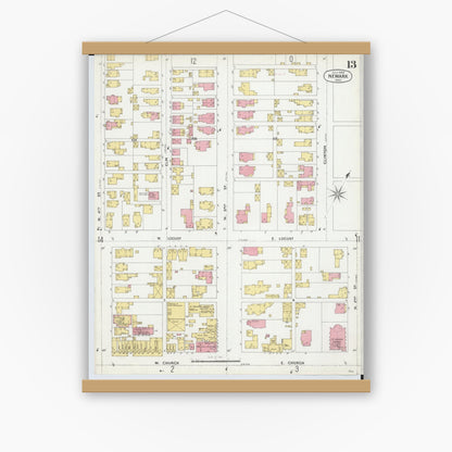 Old map wall art mockup — magnetic wood frame on white wall — Sanborn Fire Insurance Map from Newark, Licking County, Ohio (1899), Sheet #0013