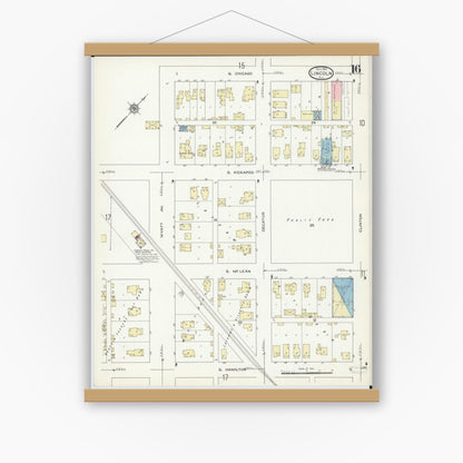 Old map wall art mockup — magnetic wood frame on white wall — Sanborn Fire Insurance Map from Lincoln, Logan County, Illinois (1914), Sheet #0016
