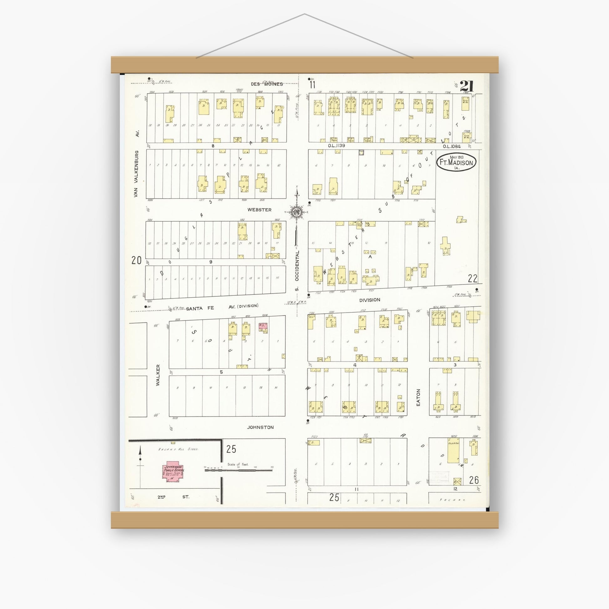Old map wall art mockup — magnetic wood frame on white wall — Sanborn Fire Insurance Map from Fort Madison, Lee County, Iowa (1913), Sheet #0021