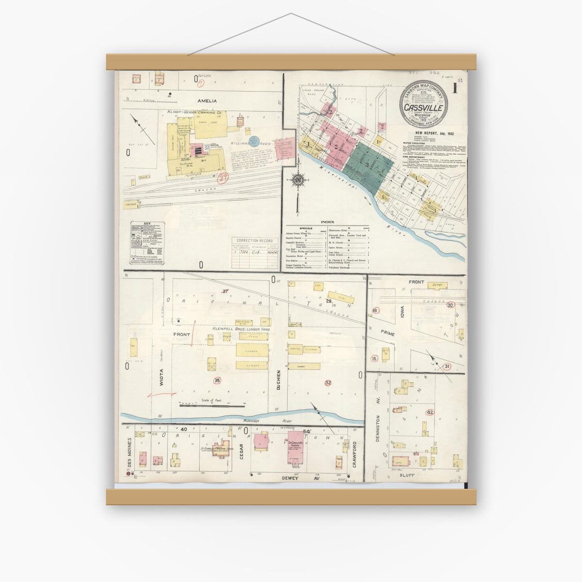 Old map wall art mockup — magnetic wood frame on white wall — Sanborn Fire Insurance Map from Cassville, Grant County, Wisconsin (1932), Sheet #0001