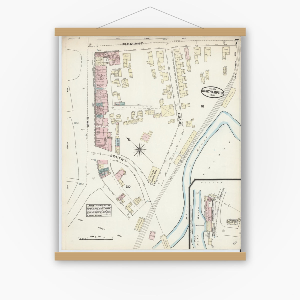 Old map wall art mockup — magnetic wood frame on white wall — Sanborn Fire Insurance Map from Northampton, Hampshire County, Massachusetts (1884), Sheet #0007