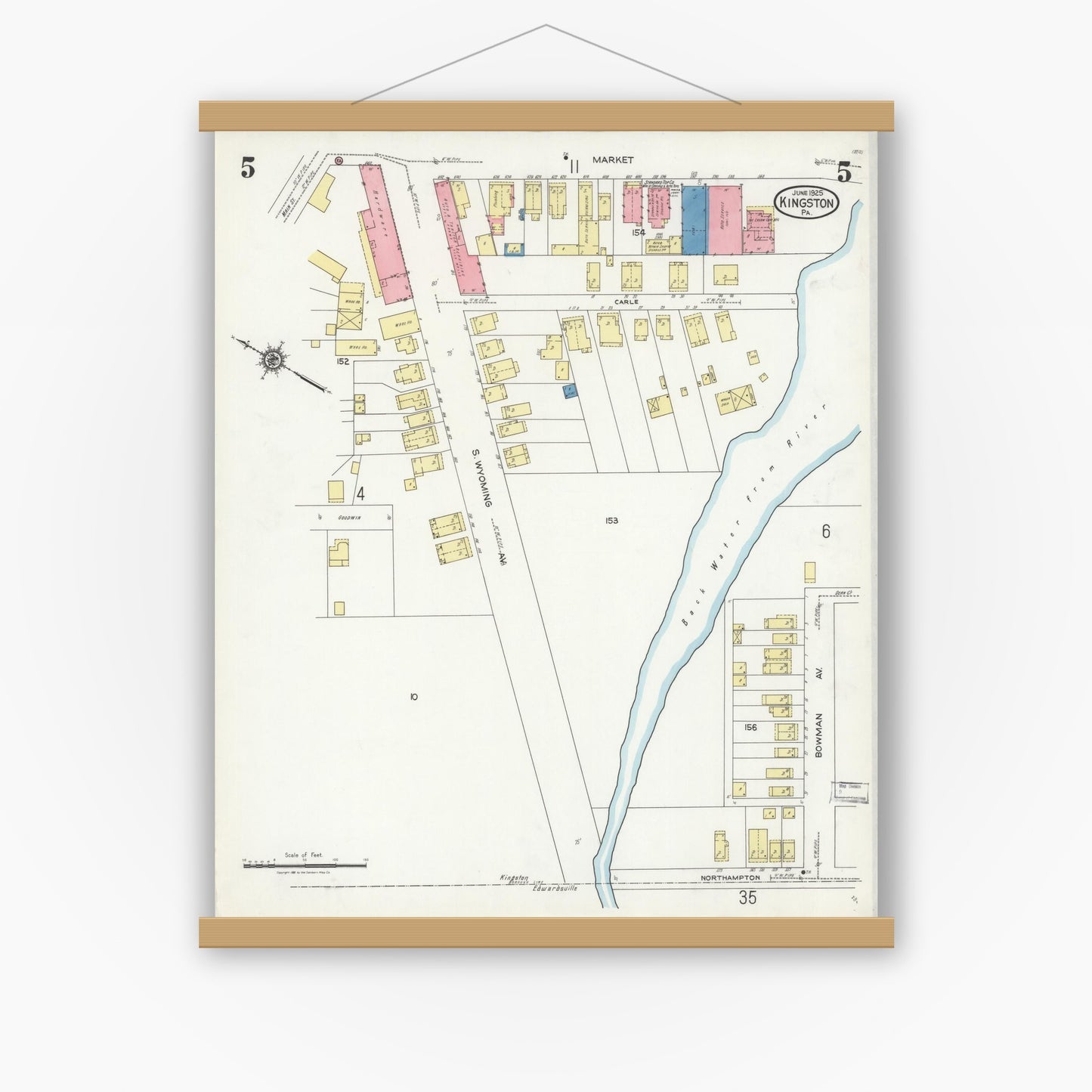 Old map wall art mockup — magnetic wood frame on white wall — Sanborn Fire Insurance Map from Kingston, Luzerne County, Pennsylvania (1925), Sheet #0005