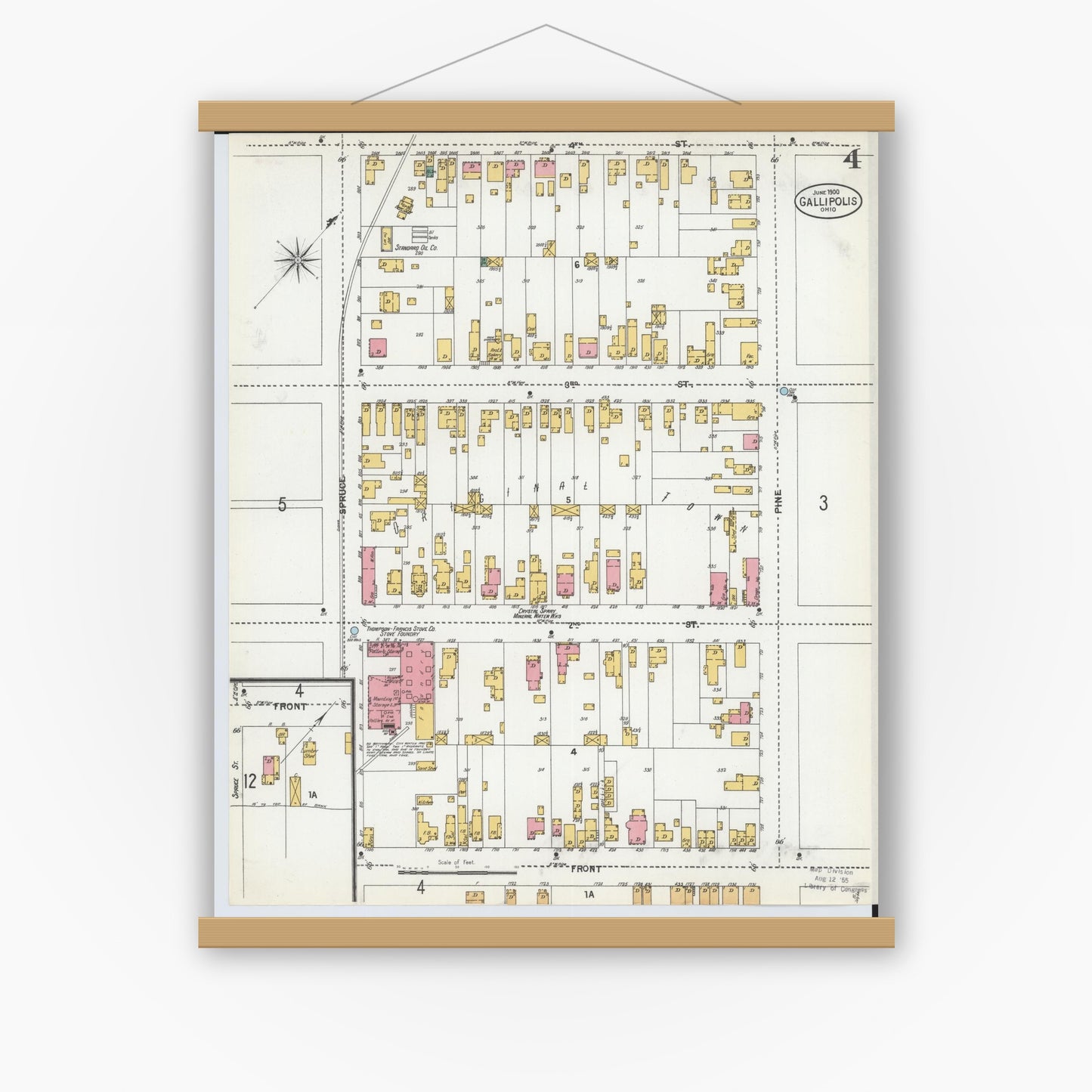 Old map wall art mockup — magnetic wood frame on white wall — Sanborn Fire Insurance Map from Gallipolis, Gallia County, Ohio (1900), Sheet #0004