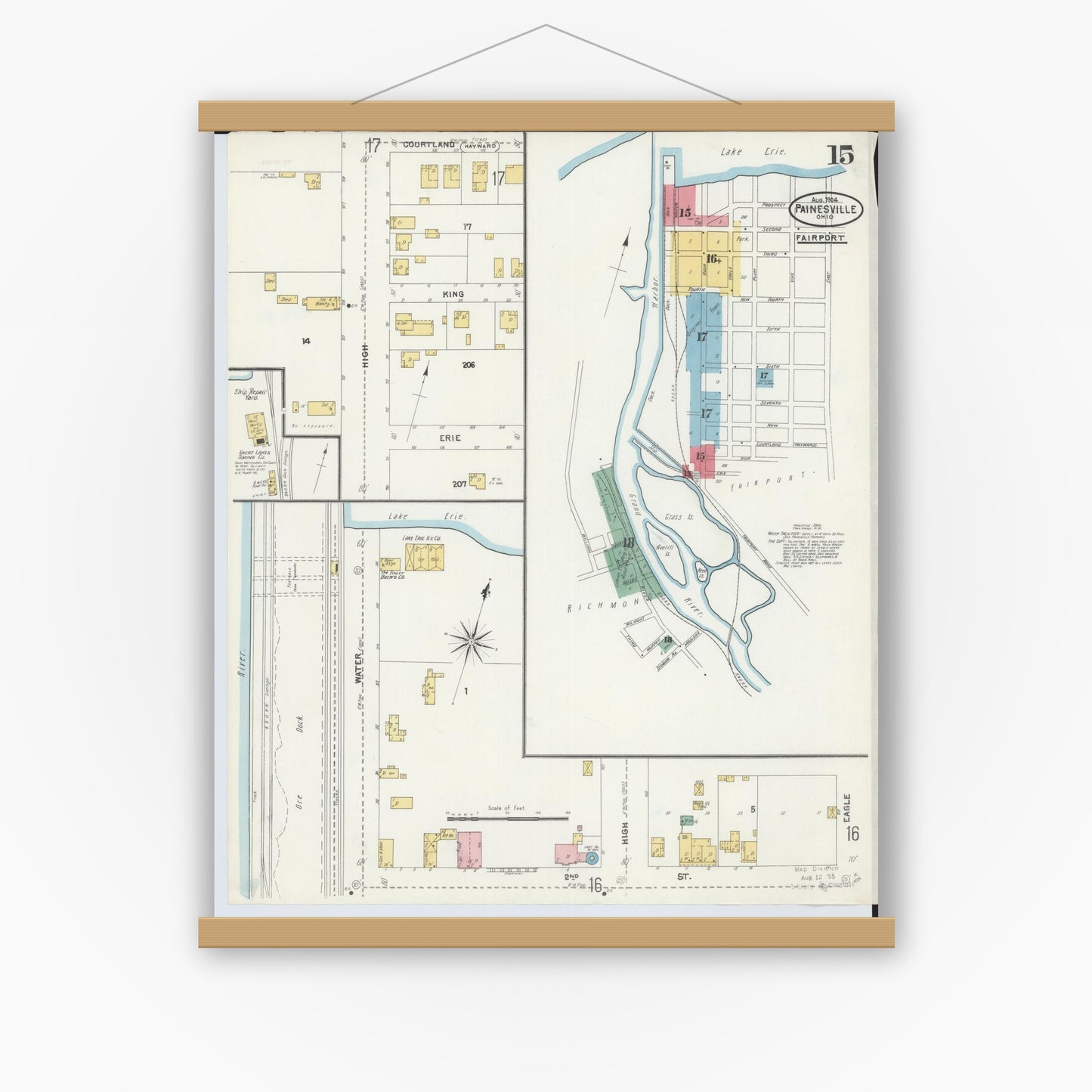 Old map wall art mockup — magnetic wood frame on white wall — Sanborn Fire Insurance Map from Painesville, Lake County, Ohio (1904), Sheet #0015