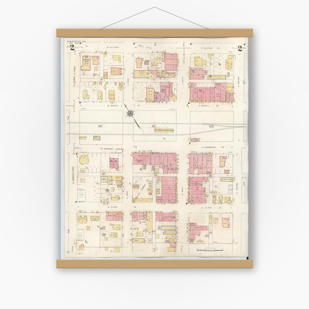 Old map wall art mockup — magnetic wood frame on white wall — Sanborn Fire Insurance Map from Gladewater, Gregg County, Texas (1938), Sheet #0002
