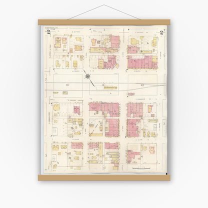 Old map wall art mockup — magnetic wood frame on white wall — Sanborn Fire Insurance Map from Gladewater, Gregg County, Texas (1938), Sheet #0002