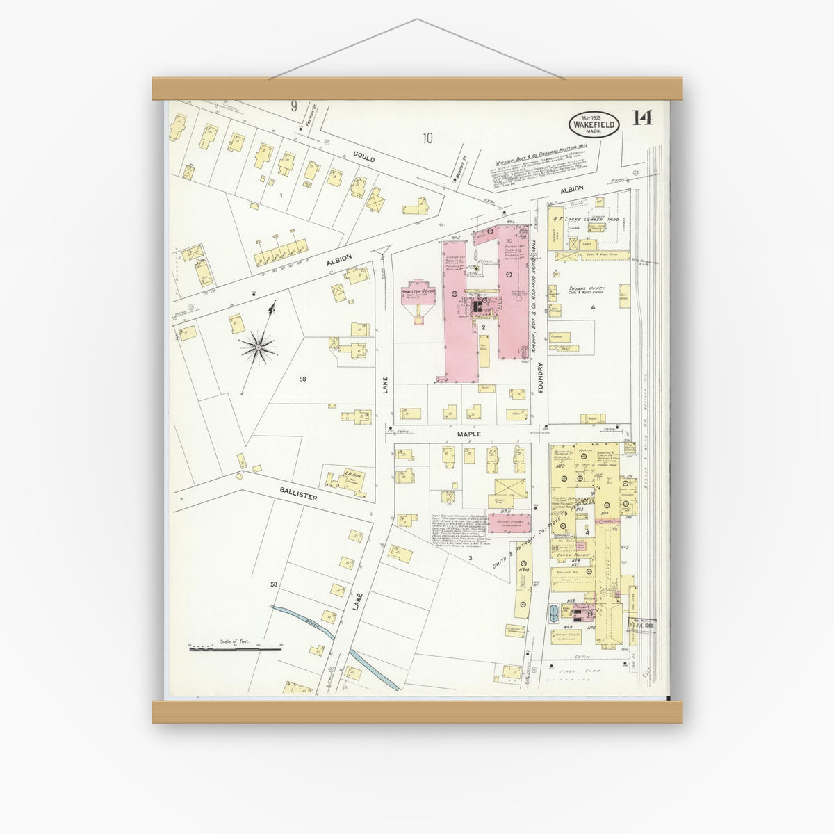 Old map wall art mockup — magnetic wood frame on white wall — Sanborn Fire Insurance Map from Wakefield, Middlesex County, Massachusetts (1909), Sheet #0014