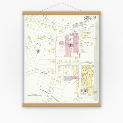 Old map wall art mockup — magnetic wood frame on white wall — Sanborn Fire Insurance Map from Wakefield, Middlesex County, Massachusetts (1909), Sheet #0014