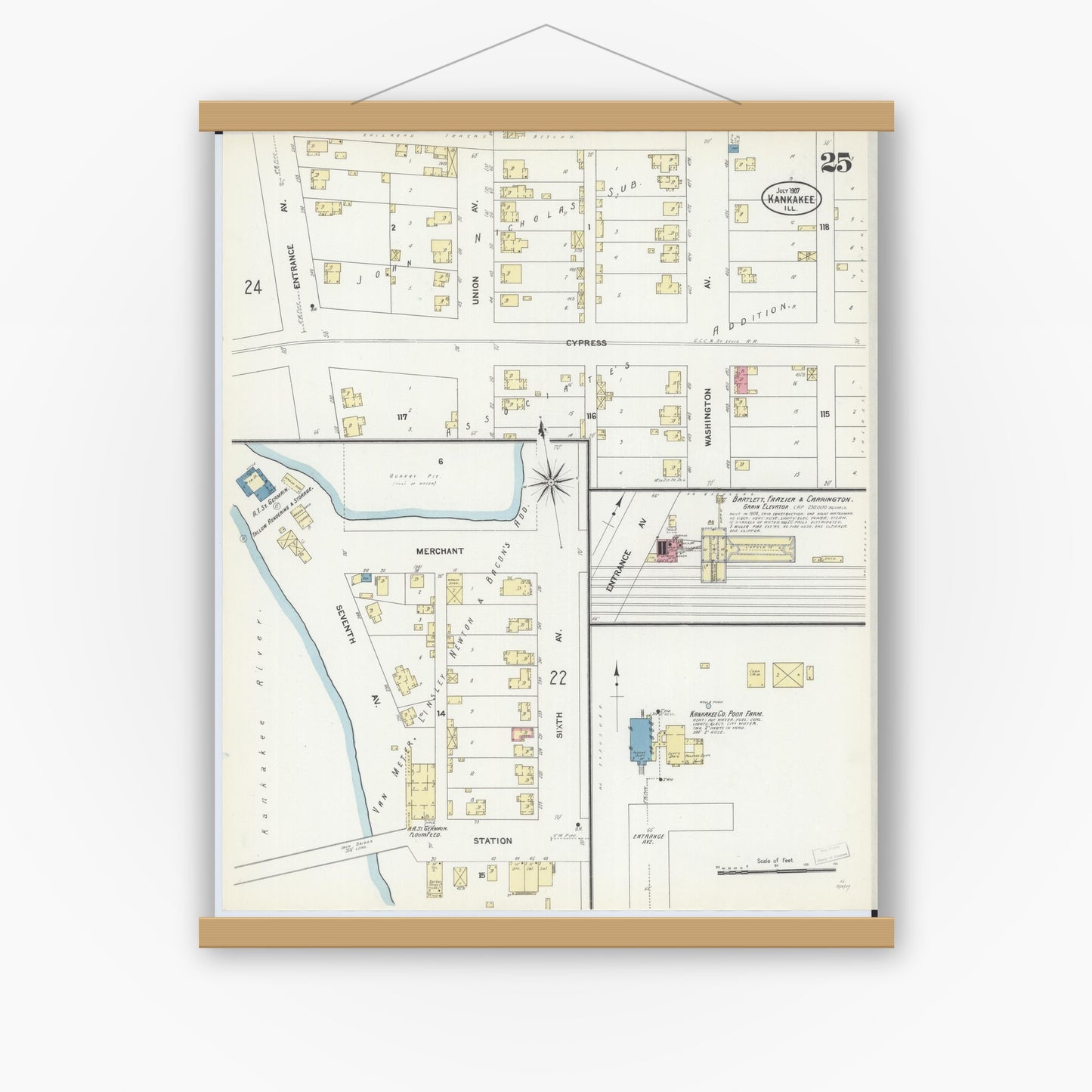 Old map wall art mockup — magnetic wood frame on white wall — Sanborn Fire Insurance Map from Kankakee, Kankakee County, Illinois (1907), Sheet #0025