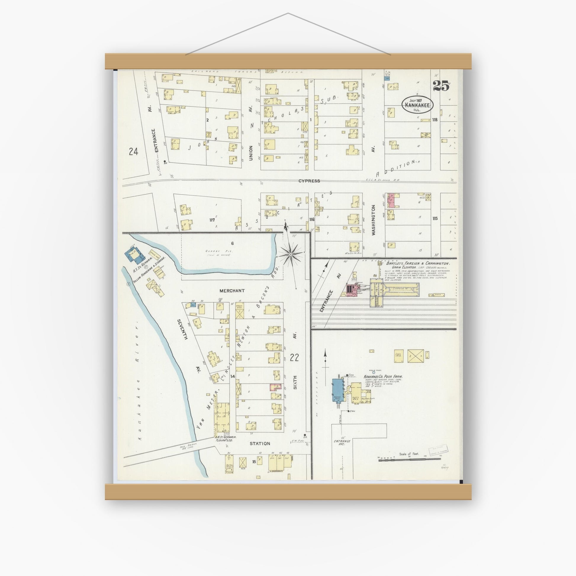 Old map wall art mockup — magnetic wood frame on white wall — Sanborn Fire Insurance Map from Kankakee, Kankakee County, Illinois (1907), Sheet #0025
