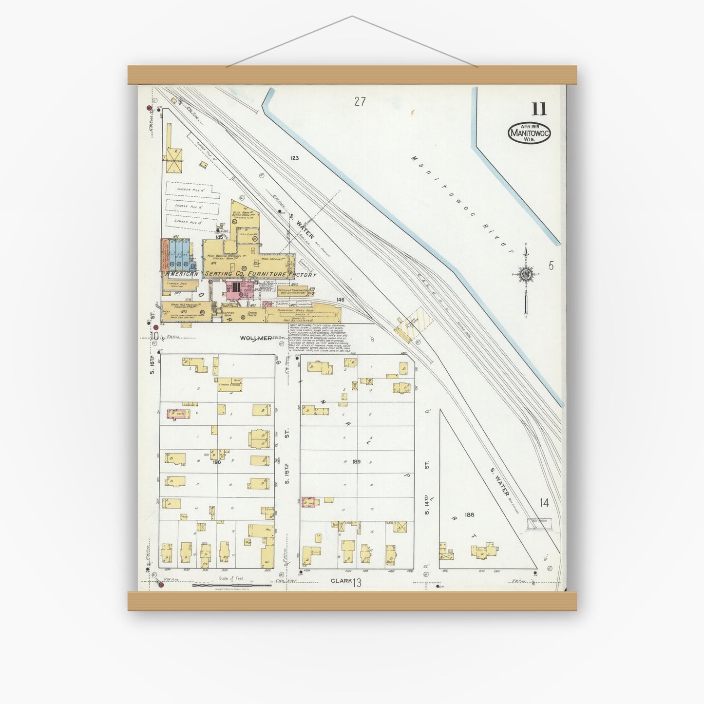 Old map wall art mockup — magnetic wood frame on white wall — Sanborn Fire Insurance Map from Manitowoc, Manitowoc County, Wisconsin (1919), Sheet #0011