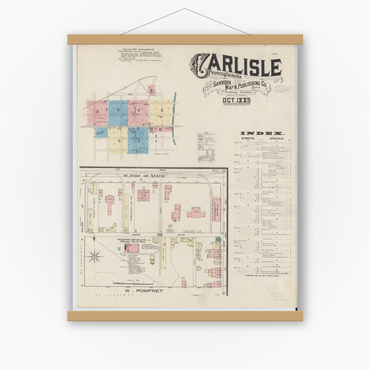 Old map wall art mockup — magnetic wood frame on white wall — Sanborn Fire Insurance Map from Carlisle, Cumberland County, Pennsylvania (1885) - Complete Map Set