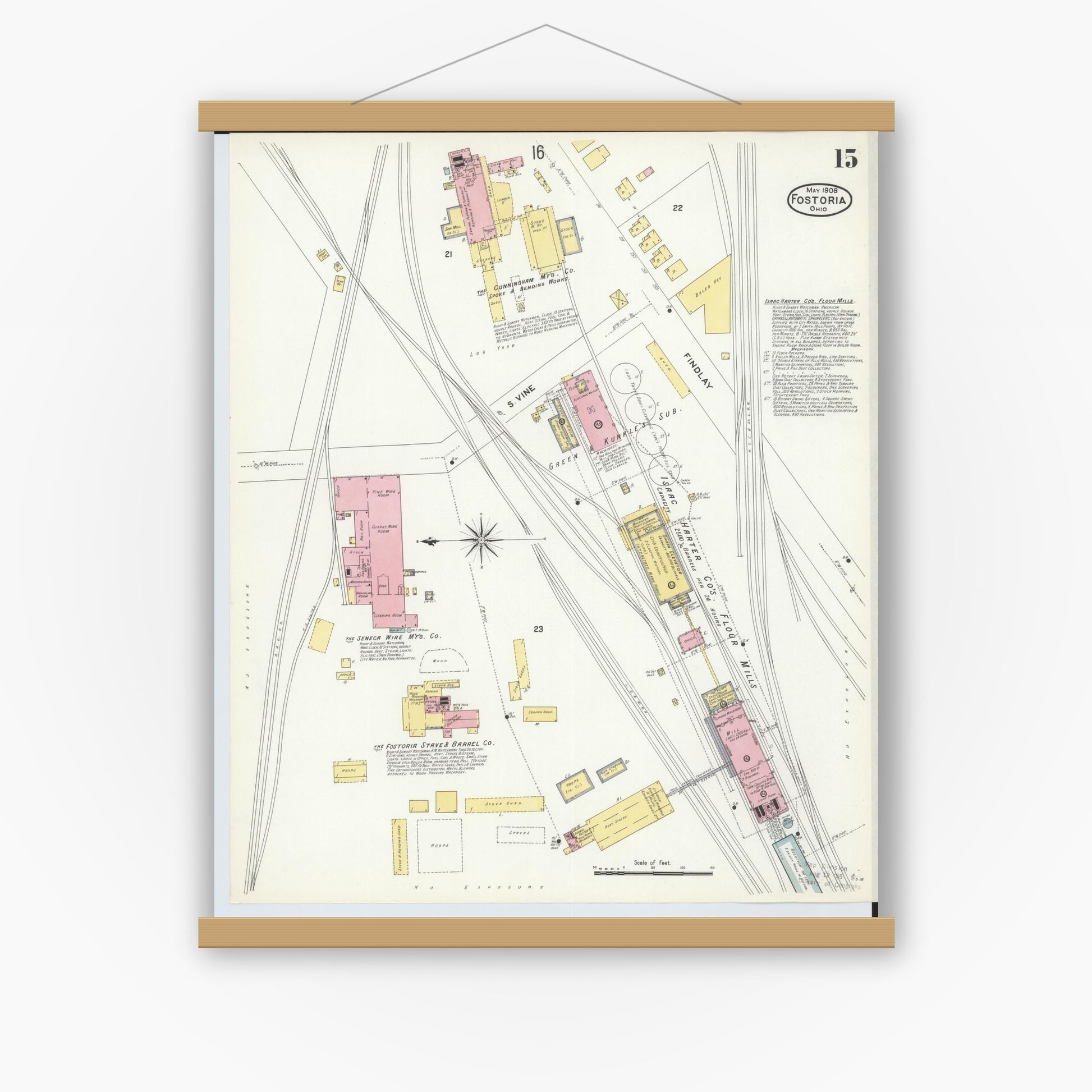 Old map wall art mockup — magnetic wood frame on white wall — Sanborn Fire Insurance Map from Fostoria, Seneca, Hancock, And Wood Counties, Ohio (1908), Sheet #0015