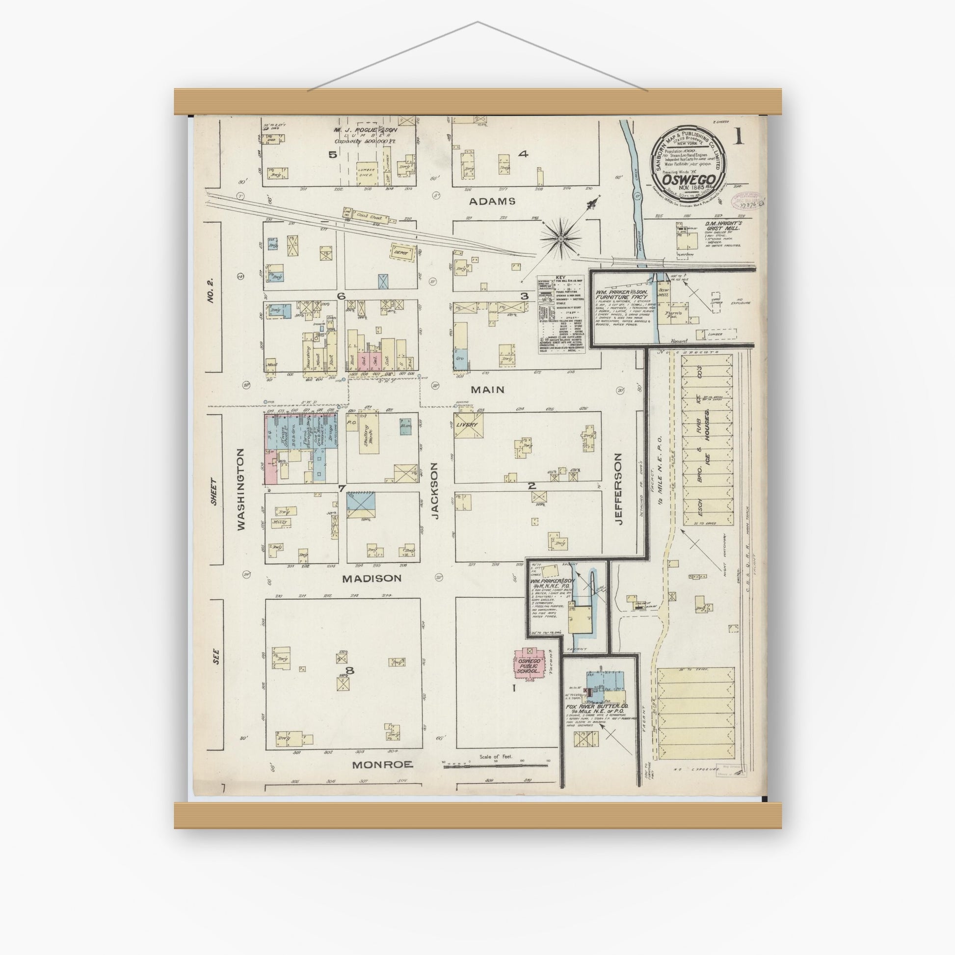 Old map wall art mockup — magnetic wood frame on white wall — Sanborn Fire Insurance Map from Oswego, Kendall County, Illinois (1885) - Complete Map Set