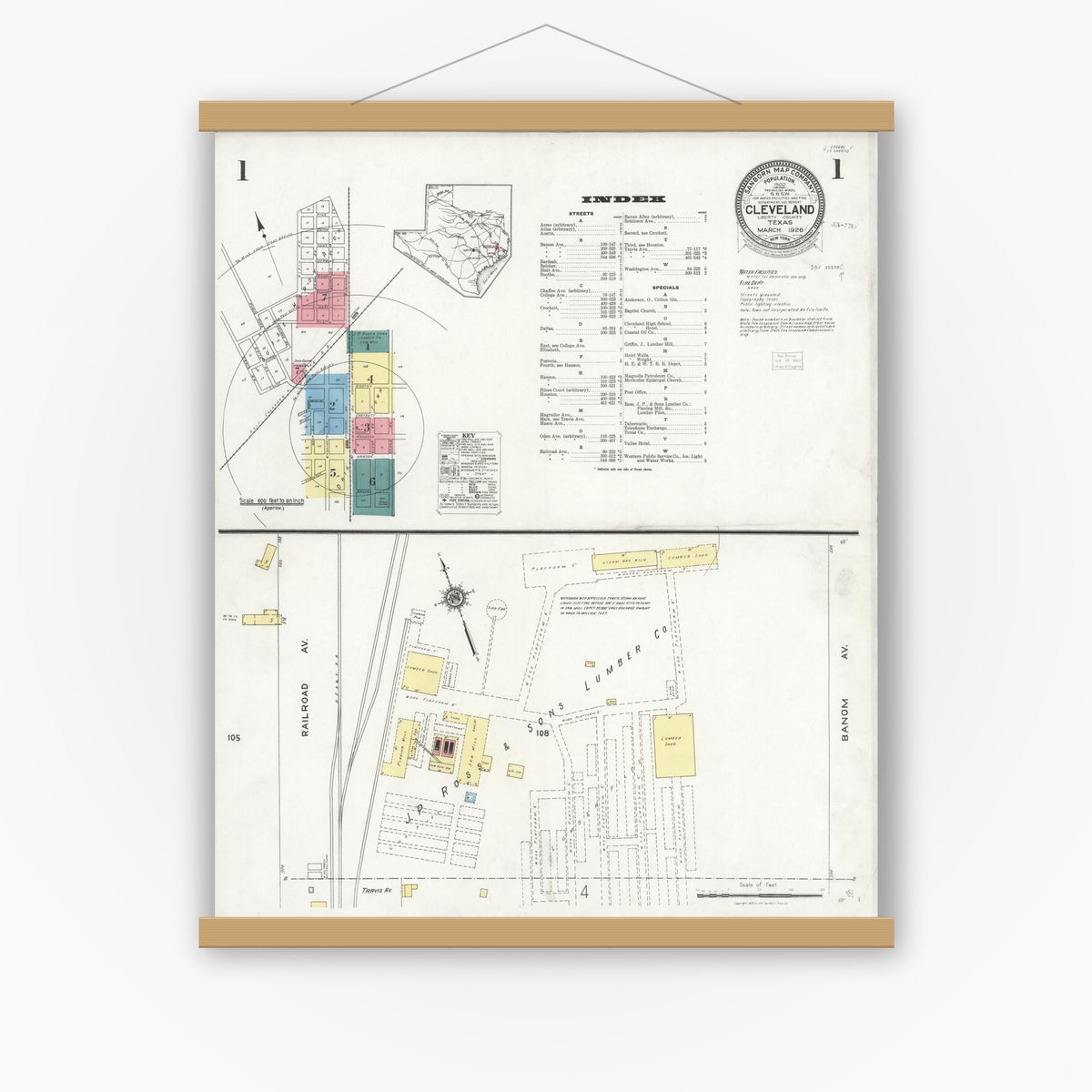 Old map wall art mockup — magnetic wood frame on white wall — Sanborn Fire Insurance Map from Cleveland, Liberty County, Texas (1926) - Complete Map Set