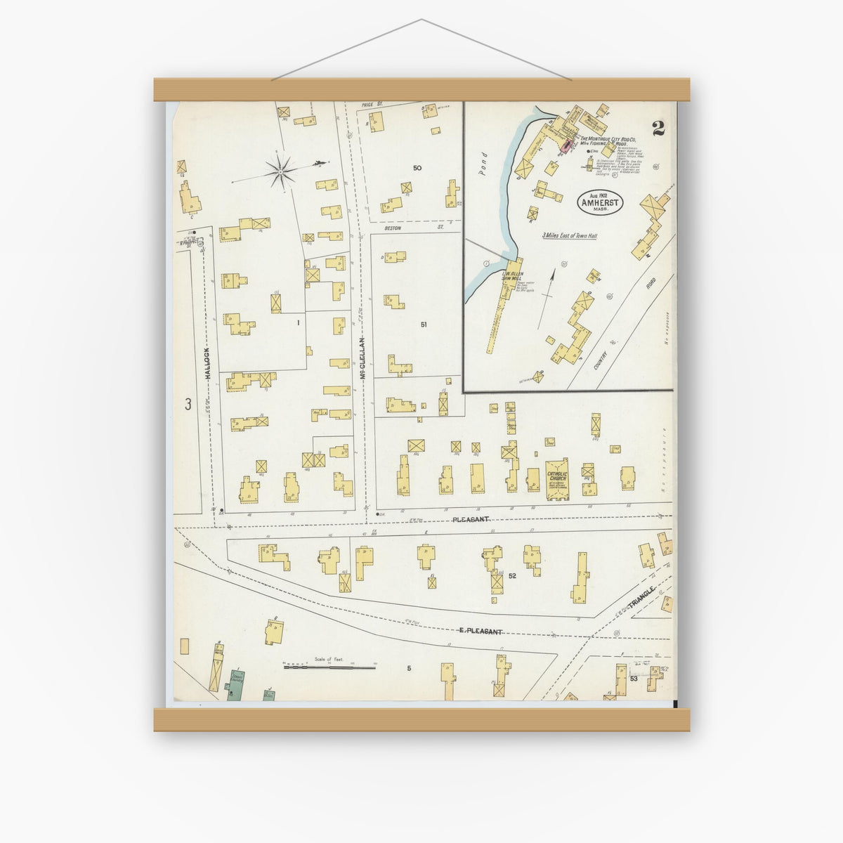 Old map wall art mockup — magnetic wood frame on white wall — Sanborn Fire Insurance Map from Amherst, Hampshire County, Massachusetts (1902), Sheet #0002