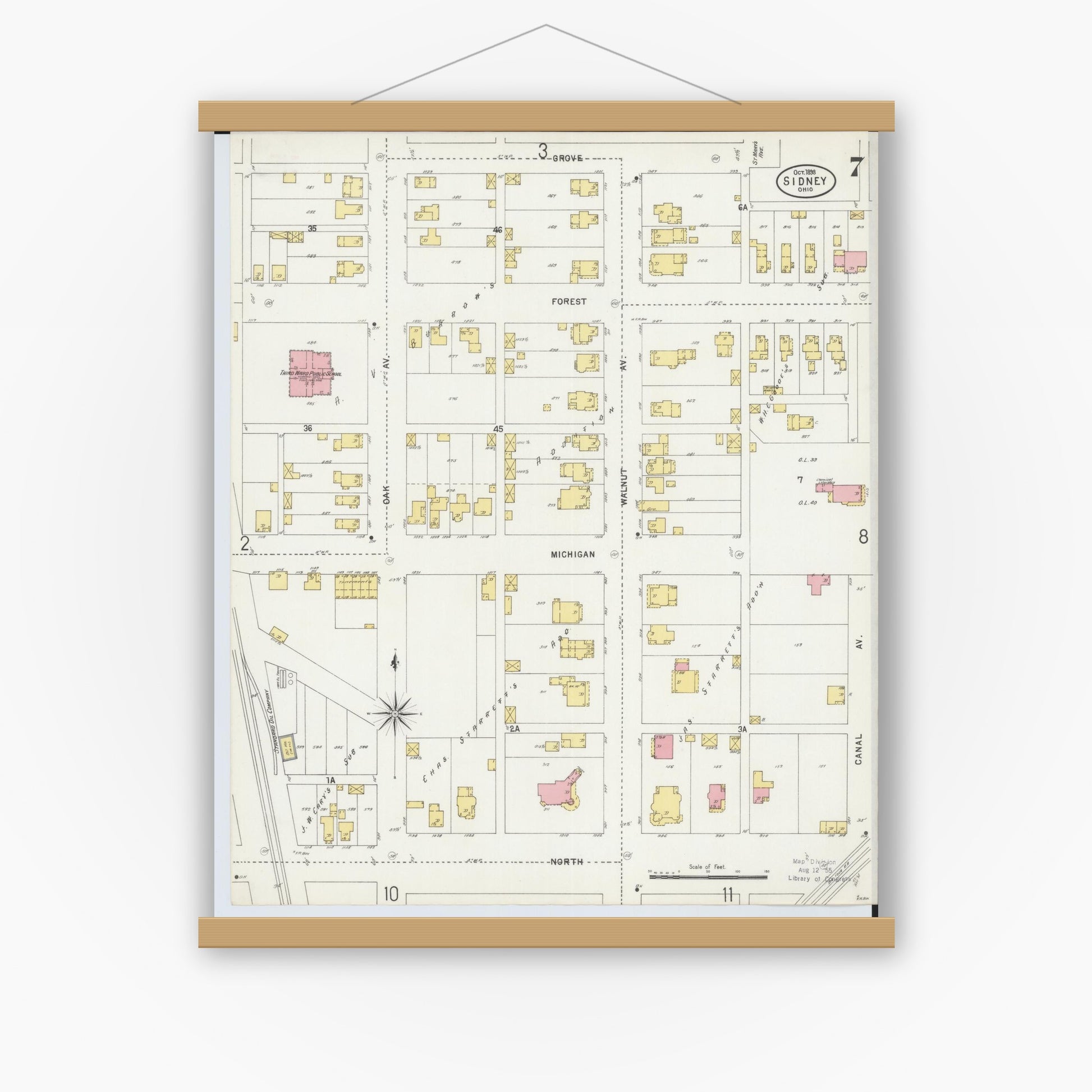 Old map wall art mockup — magnetic wood frame on white wall — Sanborn Fire Insurance Map from Sidney, Shelby County, Ohio (1898), Sheet #0007